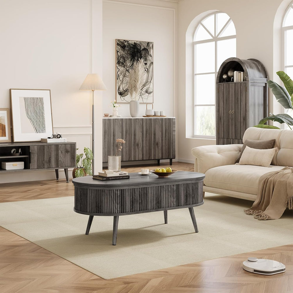 Oval Coffee Table with Storage, Fluted Modern Coffee Table with Lift Top, Sma...