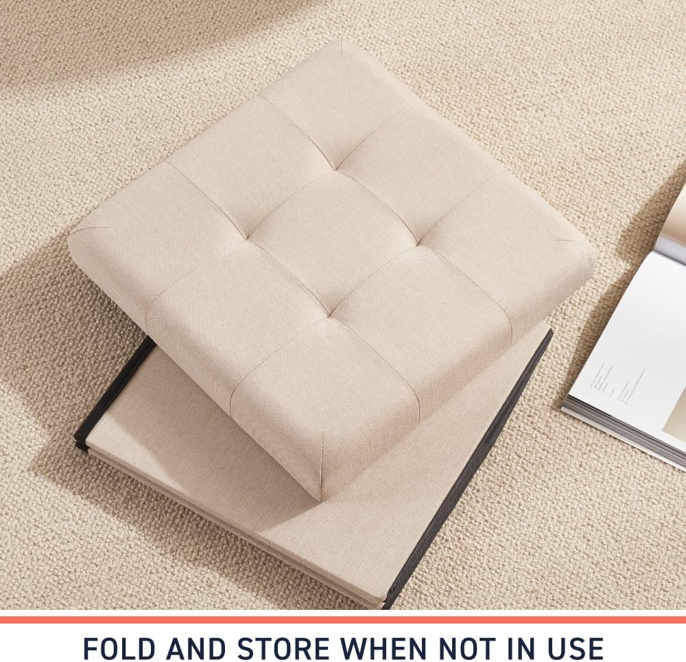 Ornavo Home 2 Pack 15 Inch Folding Storage Ottoman Cube, Linen, Beige