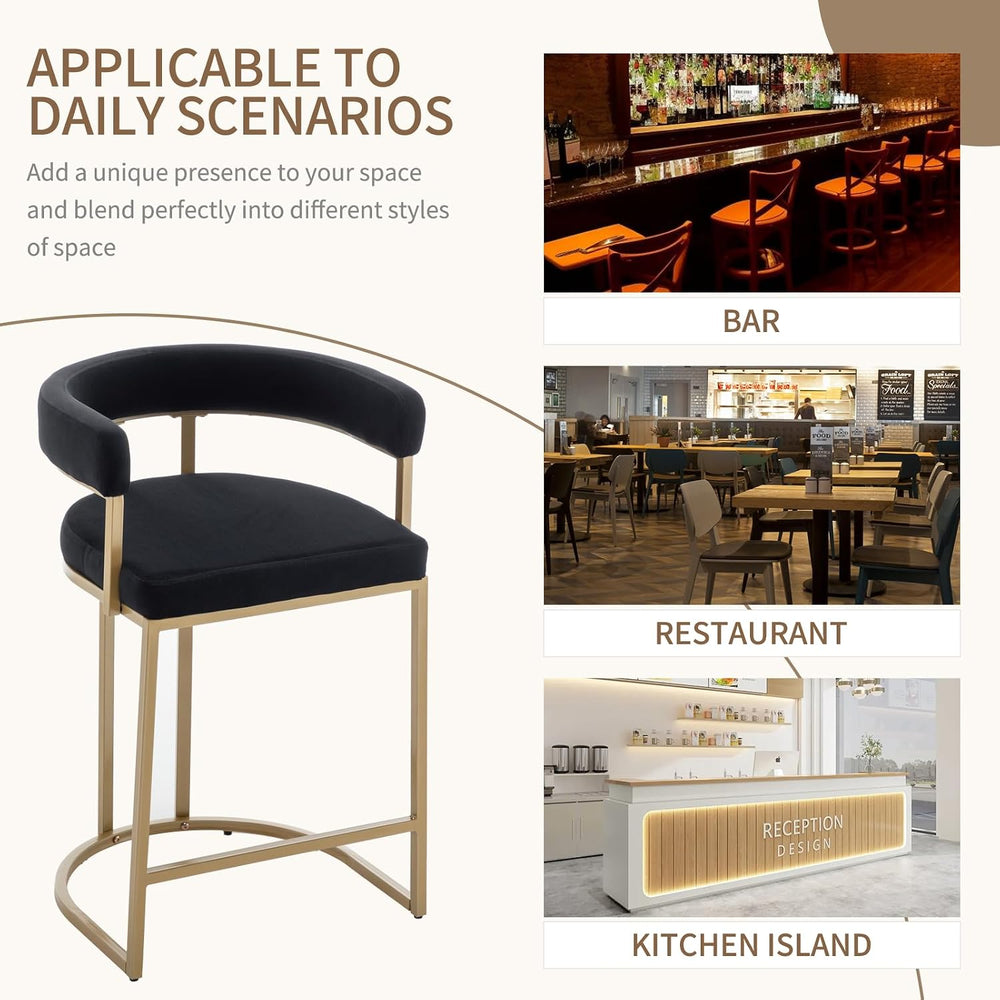 Gold Counter Height Bar Stools Set of 2, Modern Velvet Barstools with Barrel ...
