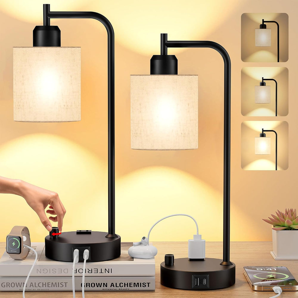 SIBRILLE Industrial Table Lamps with Linen Shade, Set of 2 Fully Dimmable Bed...
