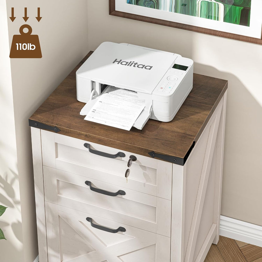 Farmhouse 3 Drawers File Cabinet with Lock for Home Office, Rustic White