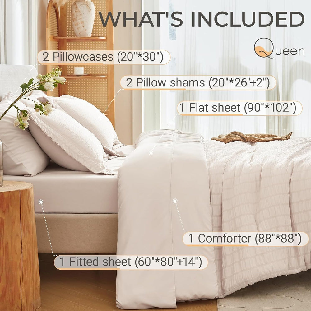 MUXHOMO Queen Comforter Set 7 Pieces, Seersucker Bed in a Bag, Beige