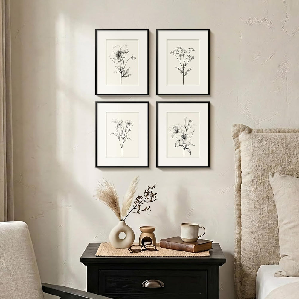 Framed Black and White Botanical Wall Art for Bathroom, 4 Piece 8x10 In