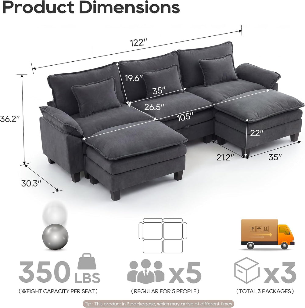 URRED Oversized Modular Sectional Sofa,Dark Gray:122" U Shaped