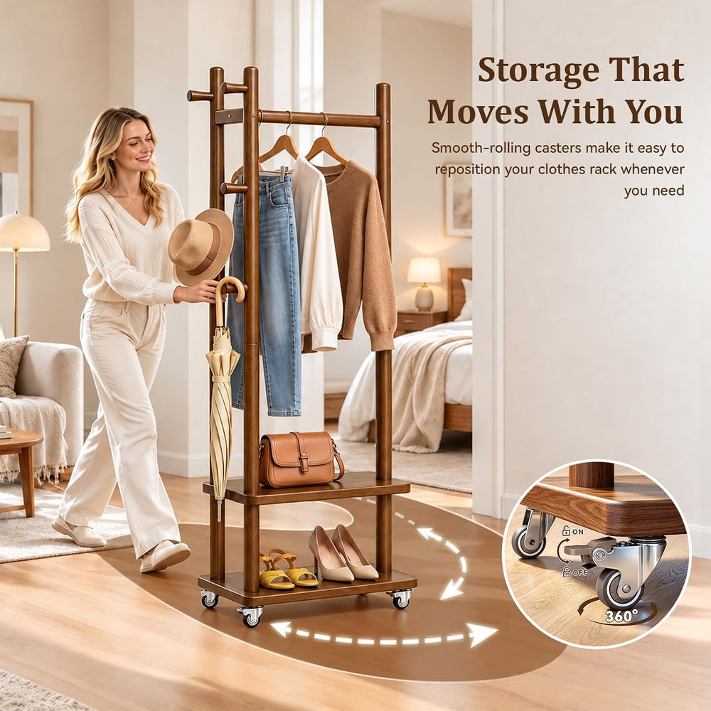 Taitiy Coat Rack Solid Wood Stand Storage 2 Shelves 5 Hooks Entryway