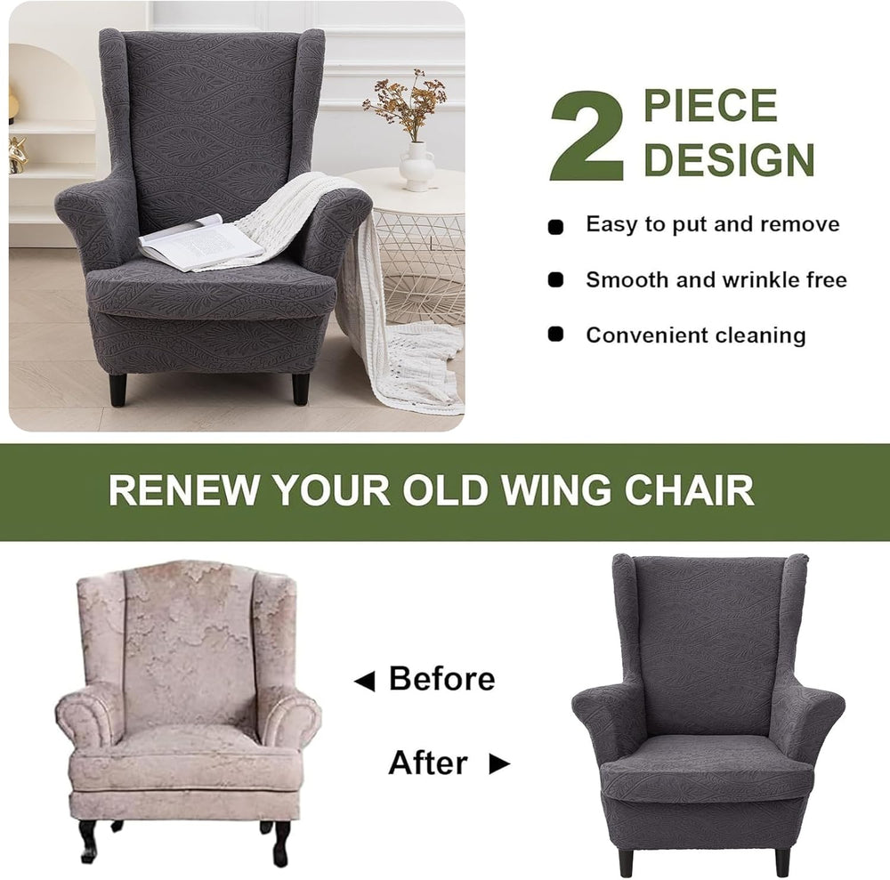 HAOYONG 2 Piece Wingback Chair Covers Stretch Wing Chair Slipcover Jacquard W...