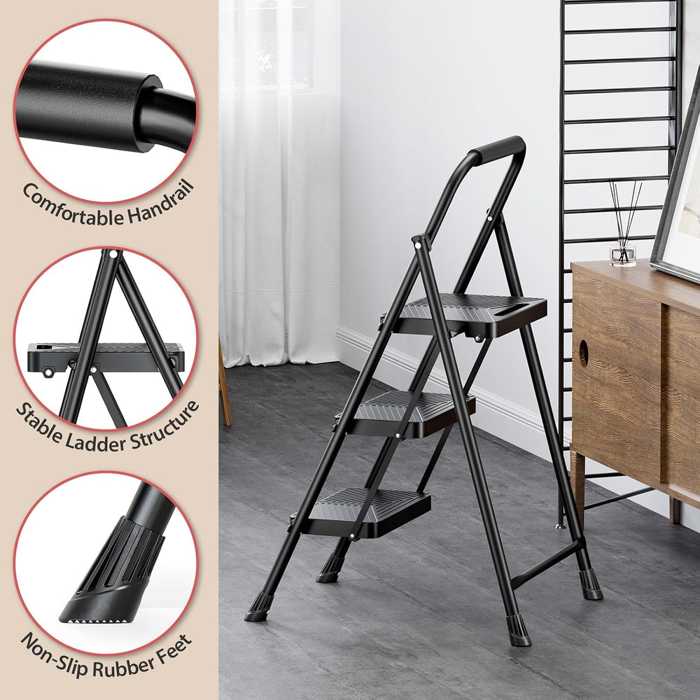 KINGRACK Folding 3 Step Ladder, Step Stool with Anti-Slip Pedals