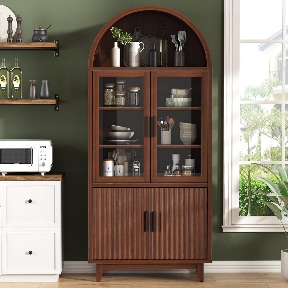 Arched Cabinet with Glass Doors, Fluted Pantry Cabinet with Solid Wood Legs