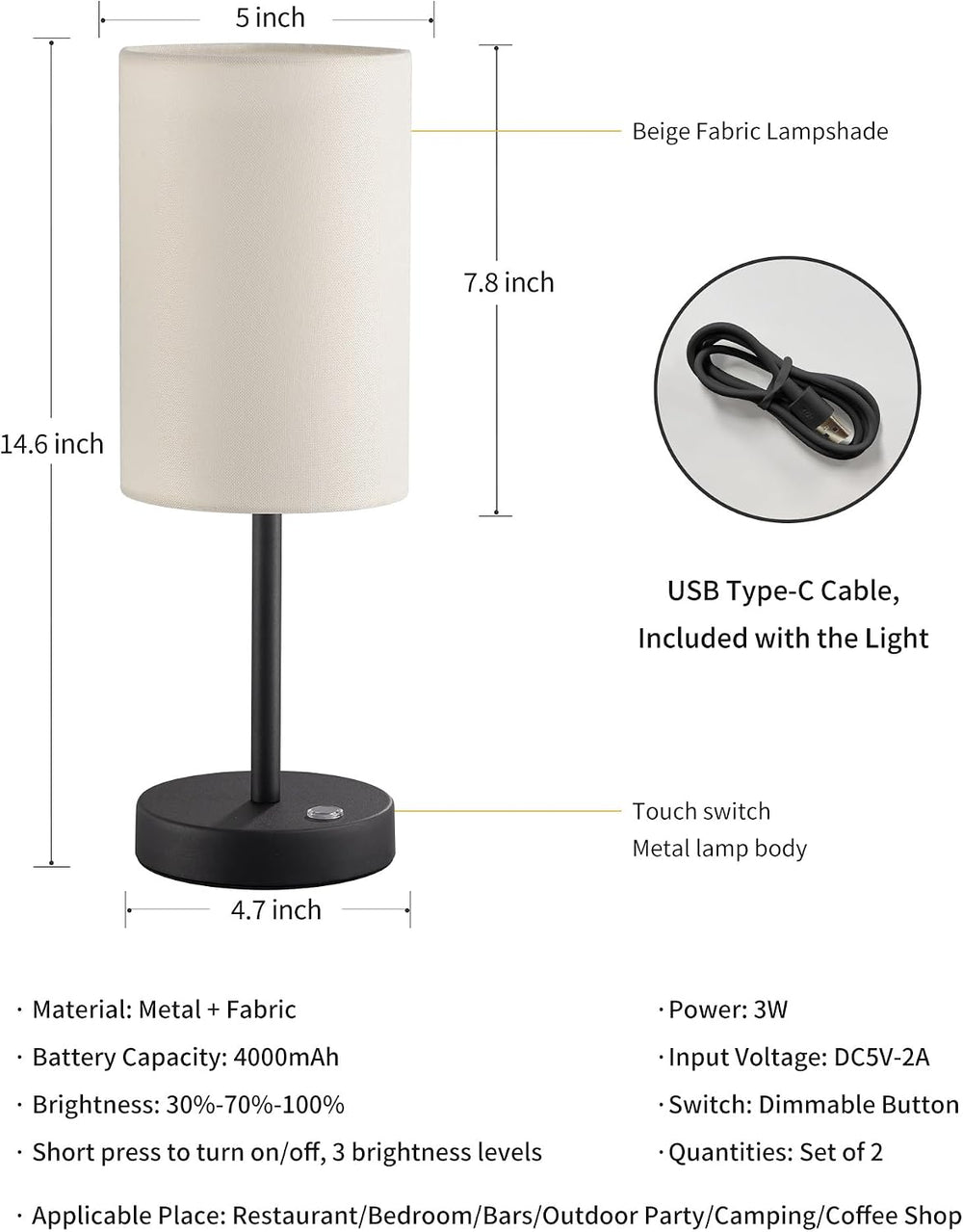KDG Black Cordless Table lamp, Portable Bedside 4000mAh LED Desk Lamp