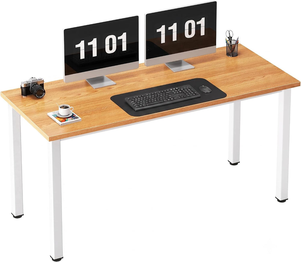 Need 54.3 Inch Large Computer Desk, Teak Wooden Top with White Metal Frame