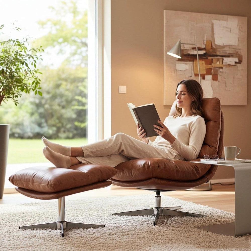 Modern Swivel Accent Chairs with Ottoman Set of 2, PU Leather Oversized Armle...