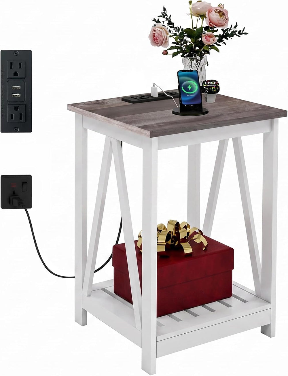 End Table, Farmhouse Square Side Table with 2 USB Ports & 2 Power Outlets