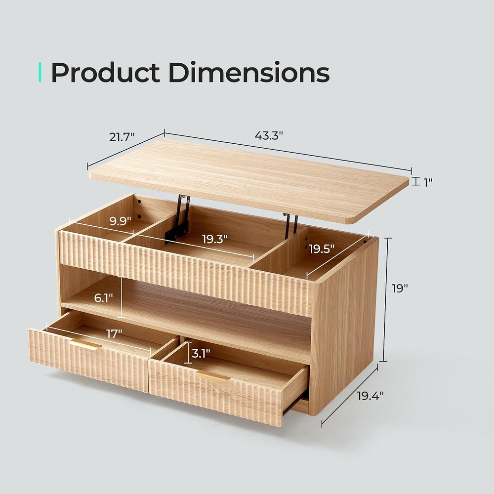 LINSY Home Lift Top Coffee Table with Hidden Storage, Adjustable Shelf, Oak |...