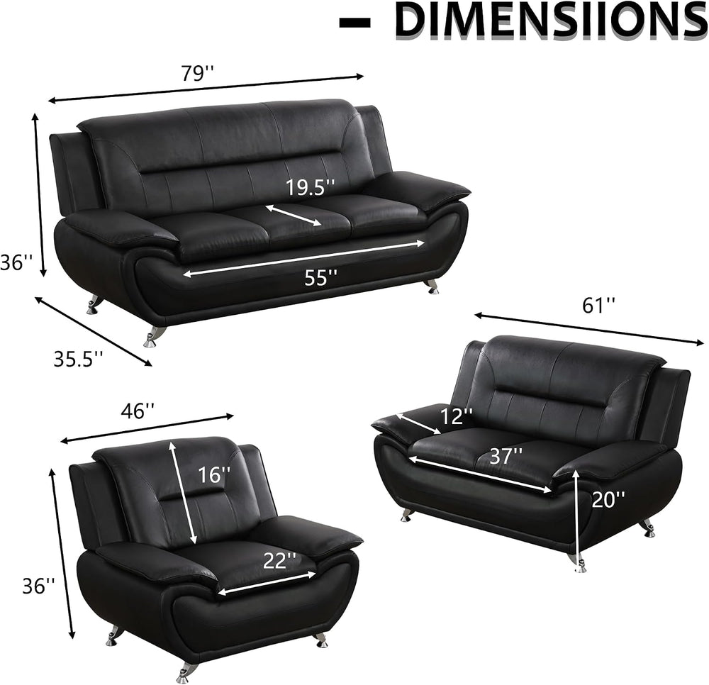 3 Pieces Living Room Sofa Set, Faux Leather Sofa Loveseat Armchair Set, Moder...