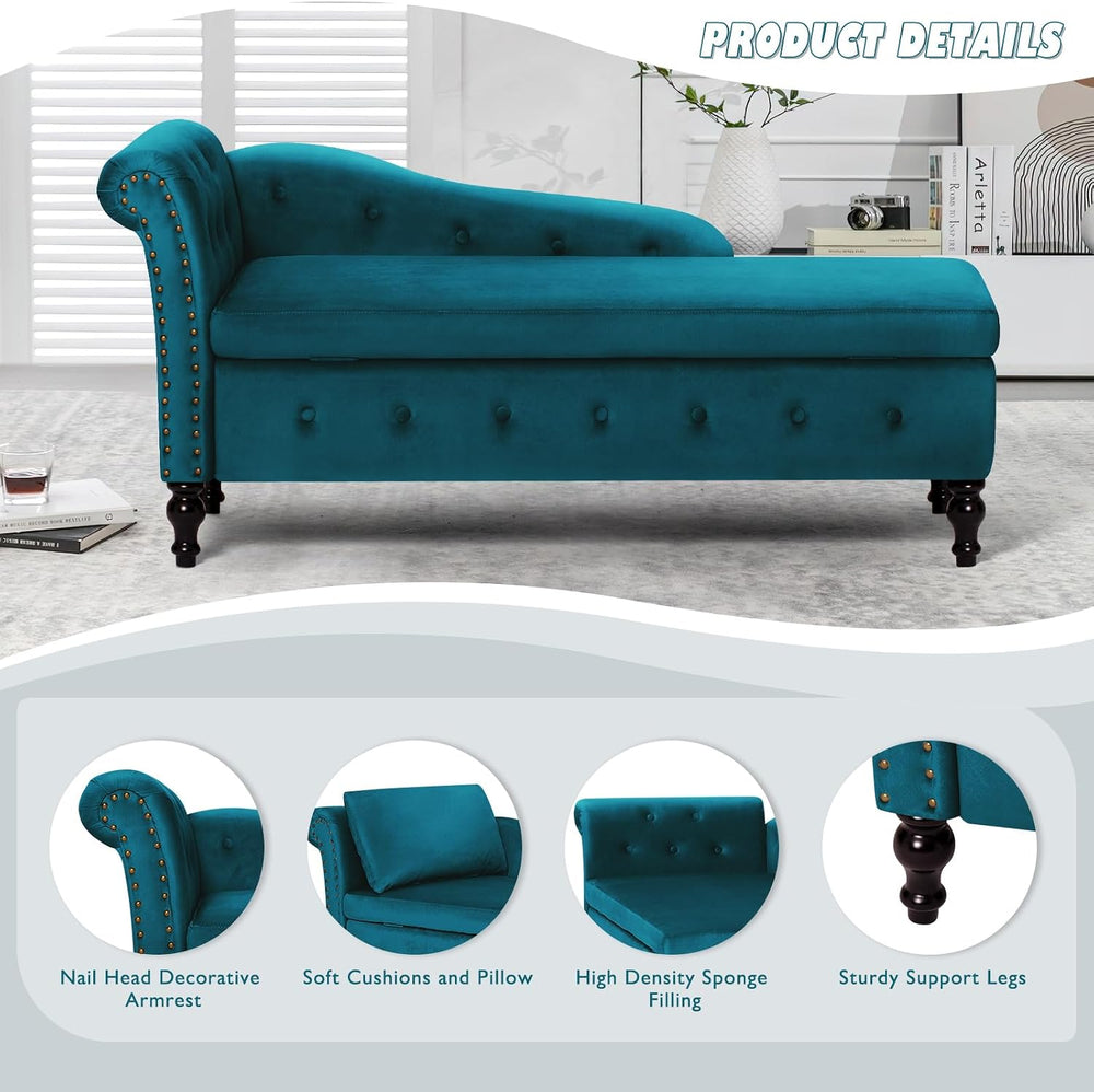 Velvet Chaise Lounge w/Left Armrest & Storage Space, Teal