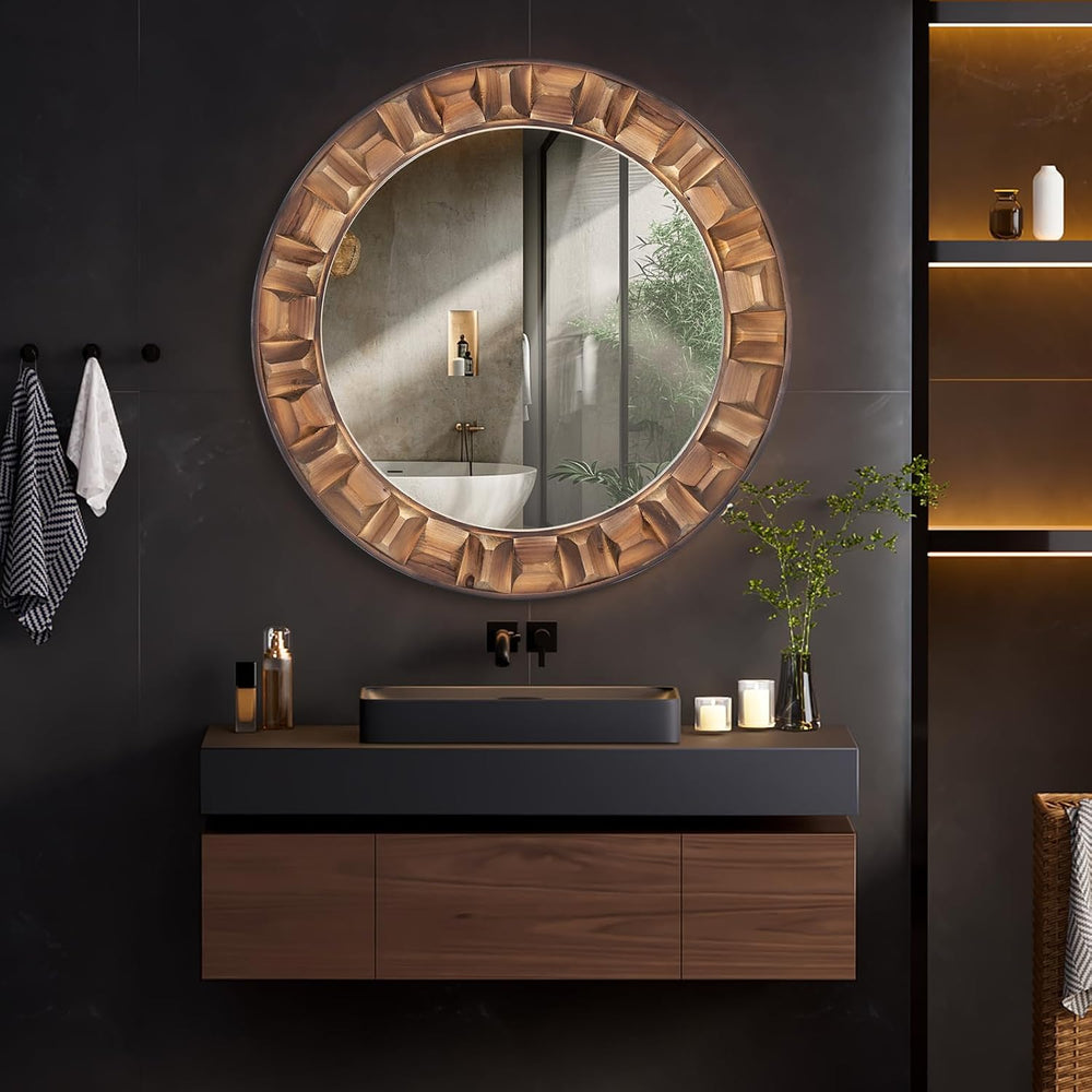 36 Inch Large Round Solid Wood Wall Mirror