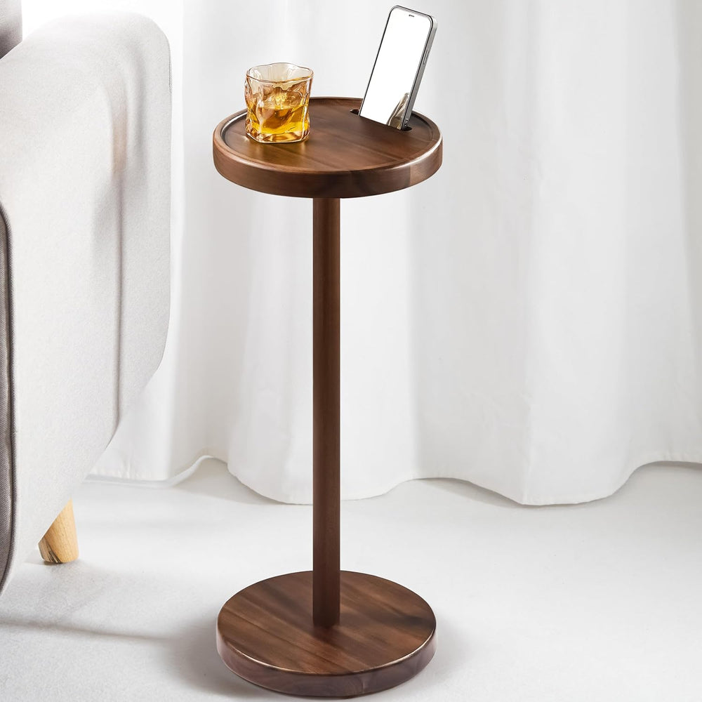 BLUEWEST Small Round Side Table, Drink Table with Phone Slot, 22" Walnut