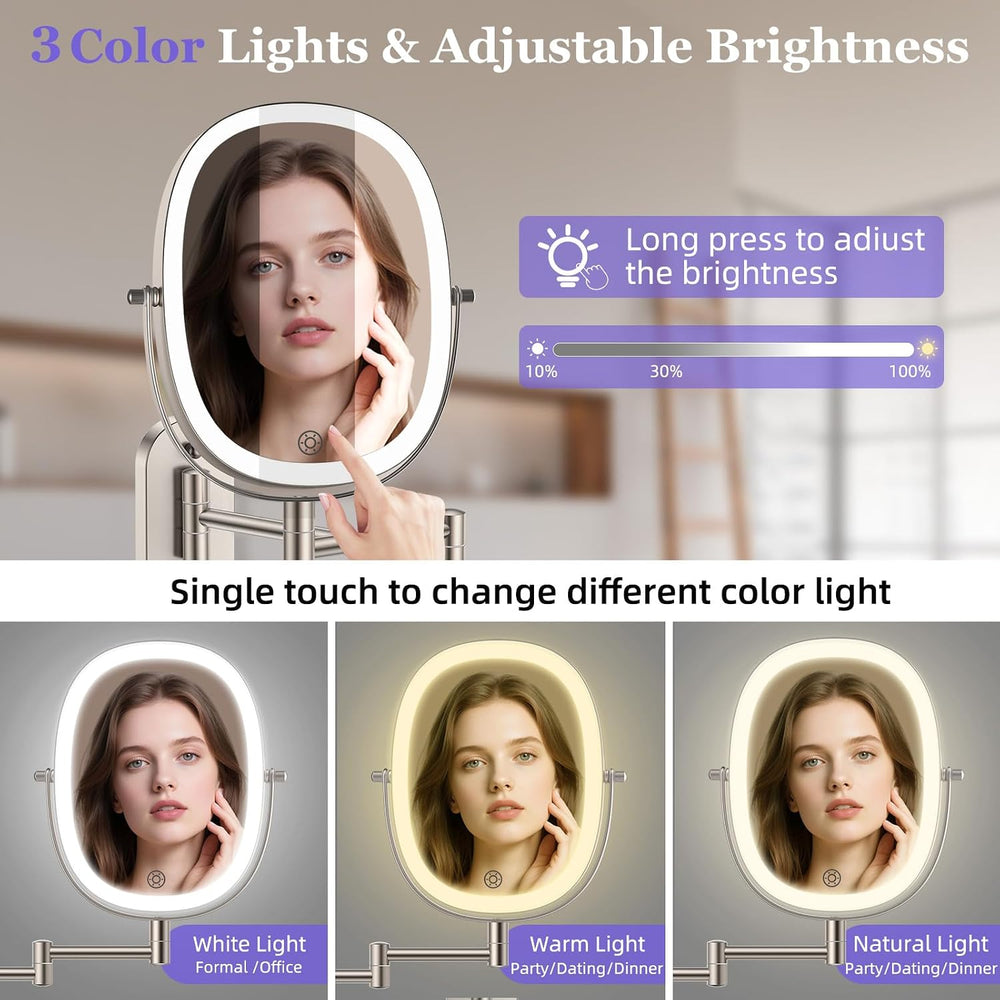 FUNTOUCH 5000mAh Rechargeable Wall Mounted Lighted Makeup Mirror,Nickel