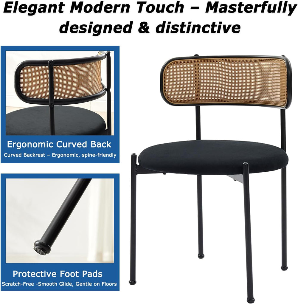 Black Rattan Dining Chairs Set of 6, Mid-Century Modern Chair with Boucle, Ki...