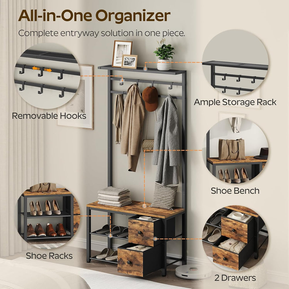 YATINEY 5-in-1 Hall Tree with Drawers, Entryway Bench with 8 Adjustable Coat ...