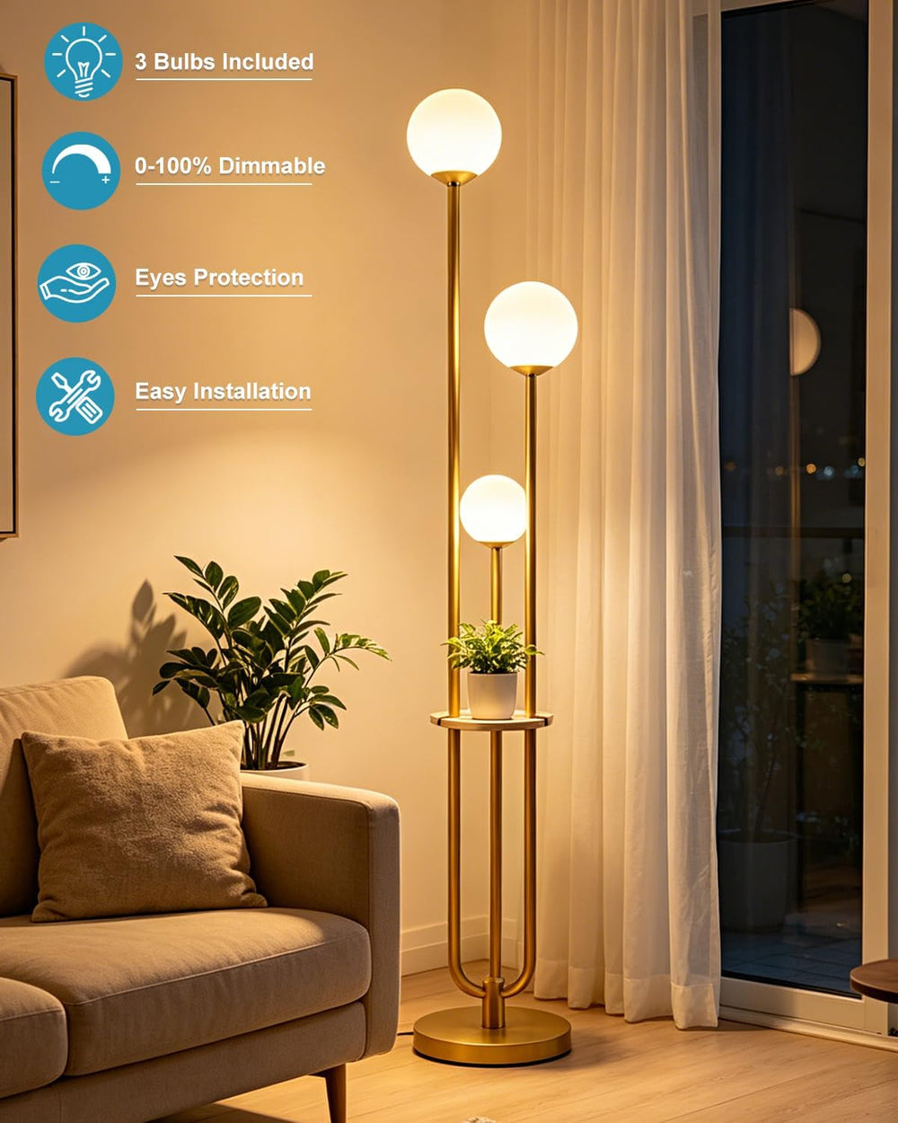 63IN Dimmable Gold Floor Lamp with Shelf Mid Century Standing Lamps with 3000...