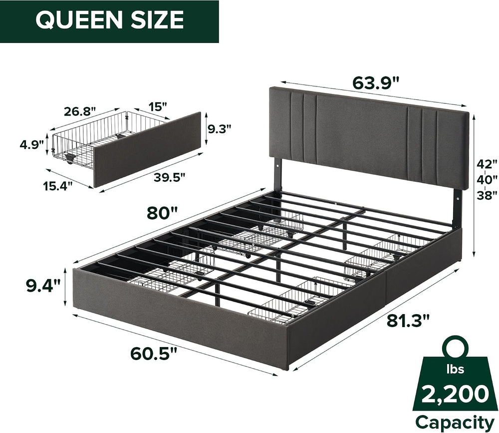 Zinus Billie Platform Bed Frame, Four Underbed Storage Drawers, Queen