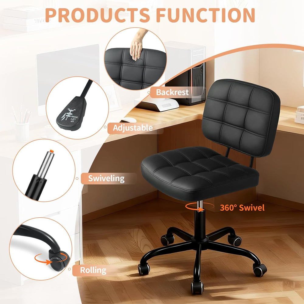 Armless Office Desk Chair, Small Drafting Desk Chairs with Wheels - Black