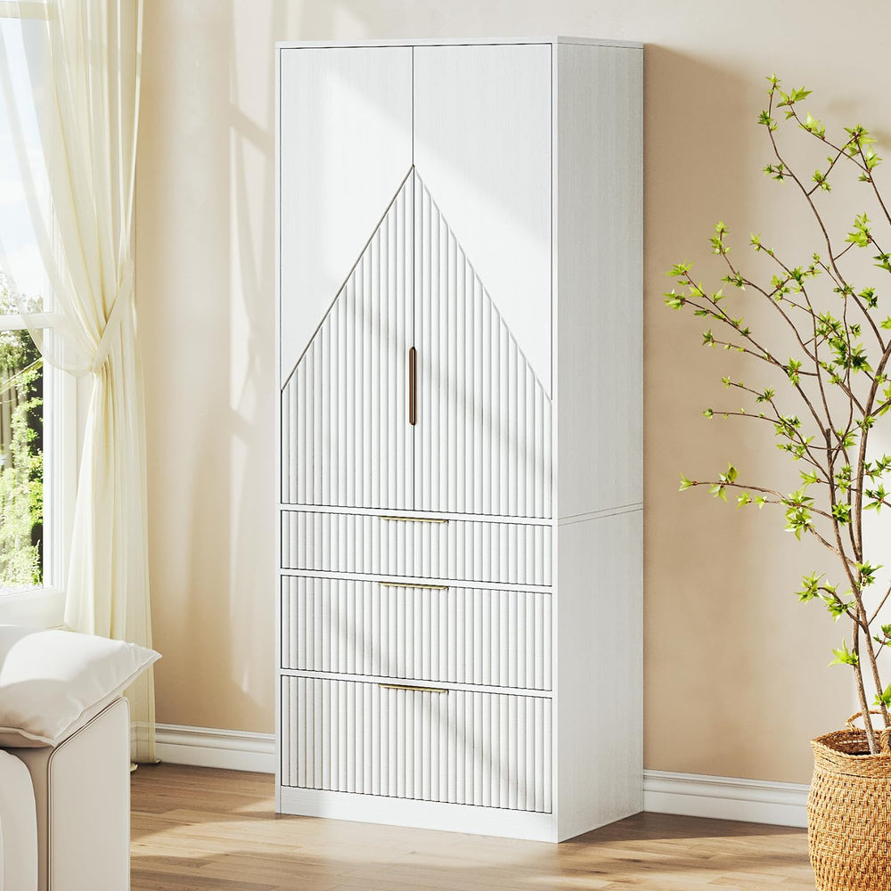 TOKSOM 70" Wardrobe Armoire Wooden Closet with 2 Doors and 3 Drawers, Be...