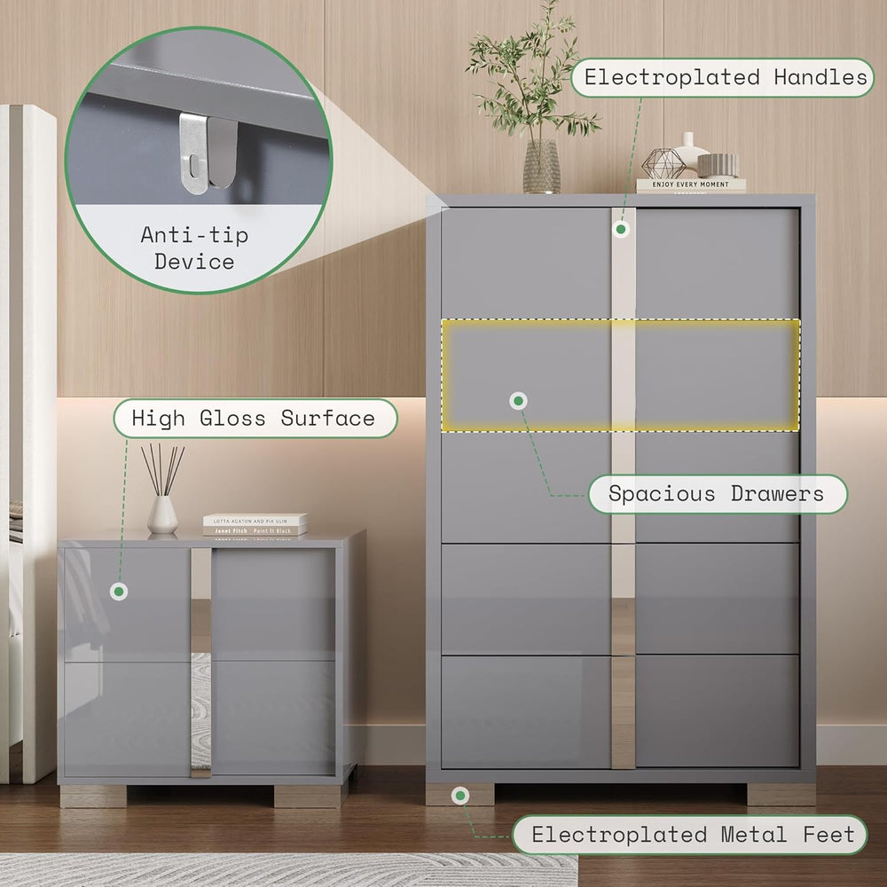 AMERLIFE 4-Piece Bedroom Dresser Set with Storage, High Gloss, Grey