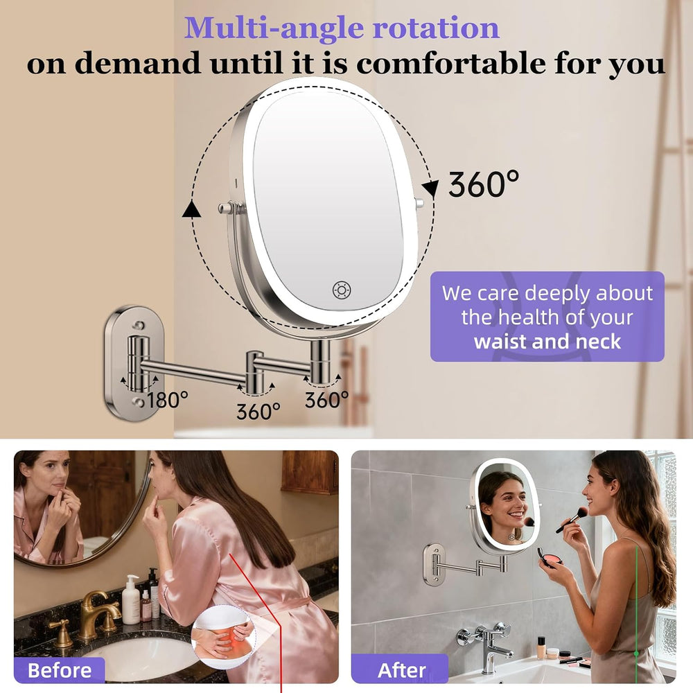 FUNTOUCH 5000mAh Rechargeable Wall Mounted Lighted Makeup Mirror,Nickel