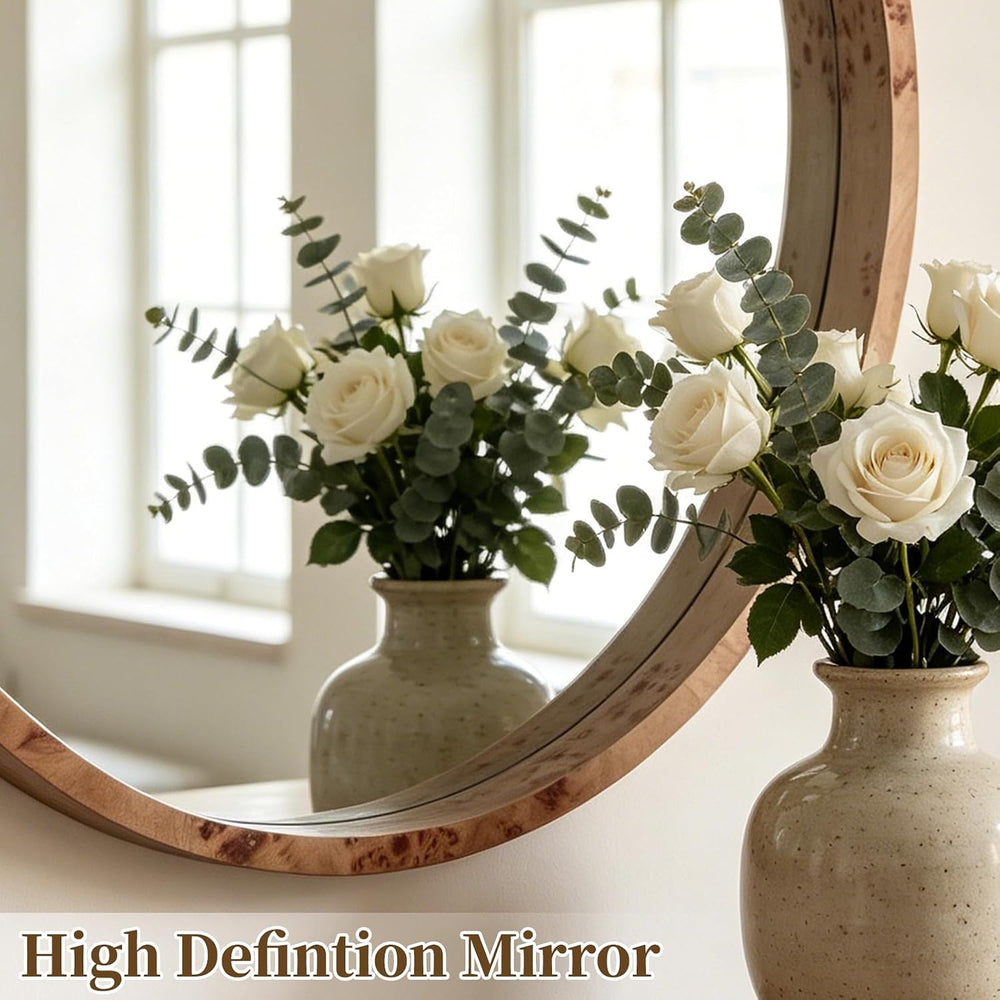 WallBeyond 28 Inch Round Wood Mirror, Burlwood Grain Wood Frame Circle Mirror...