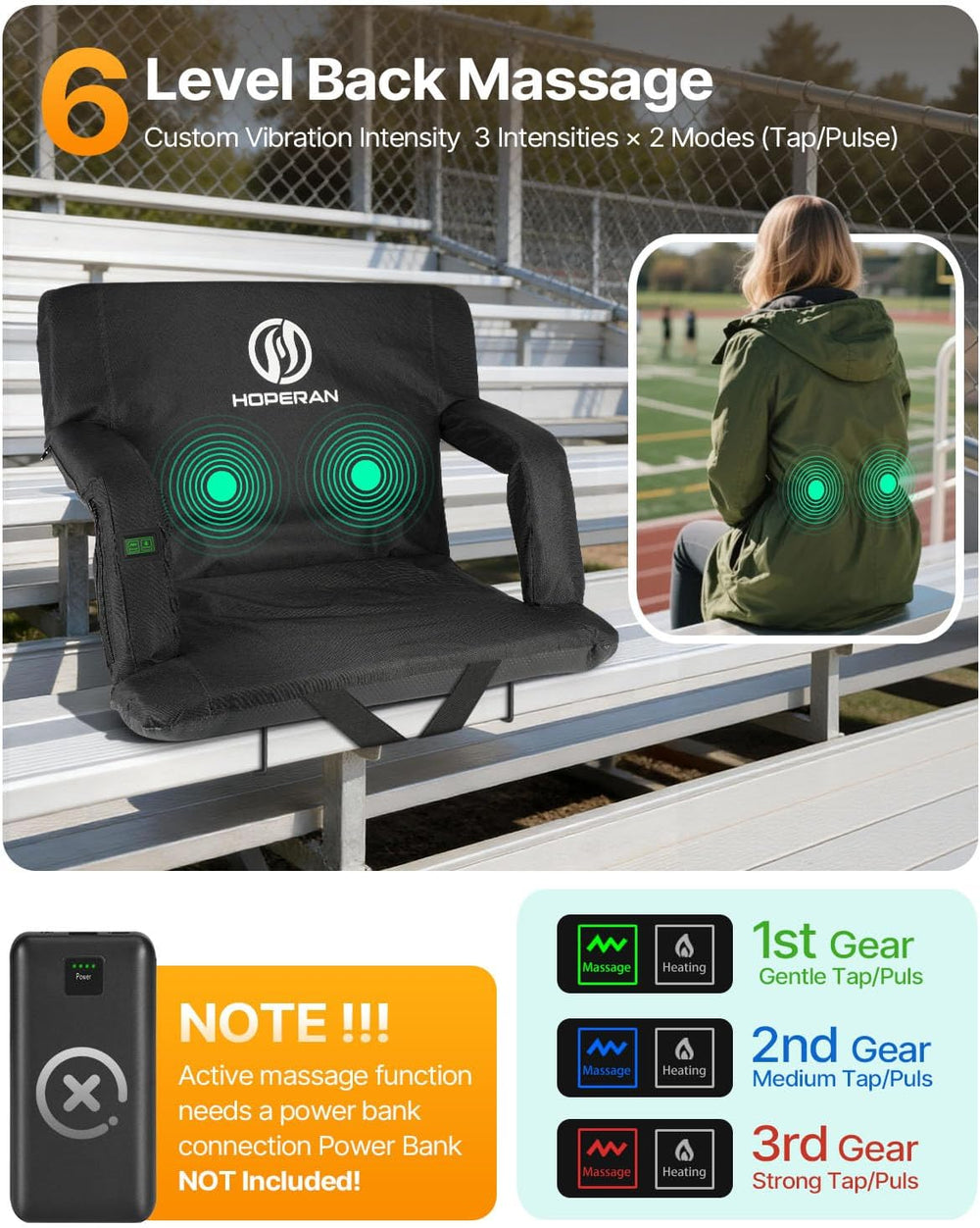 HOPERAN Massage Heated Stadium Seats for Bleachers, Dual Control, Portable