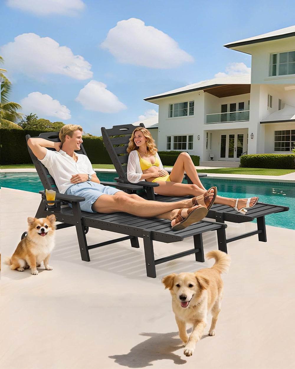Carauci Lounge Chair Outdoor Set of 2, HDPE Chaise Lounge with Wheels, 5-Posi...