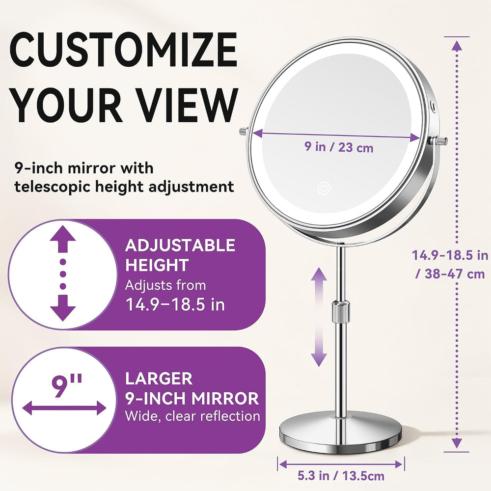 Auxmir 9" 5000mAh Magnifying Mirror, 1X/30X Lighted Makeup Mirror, Chrome