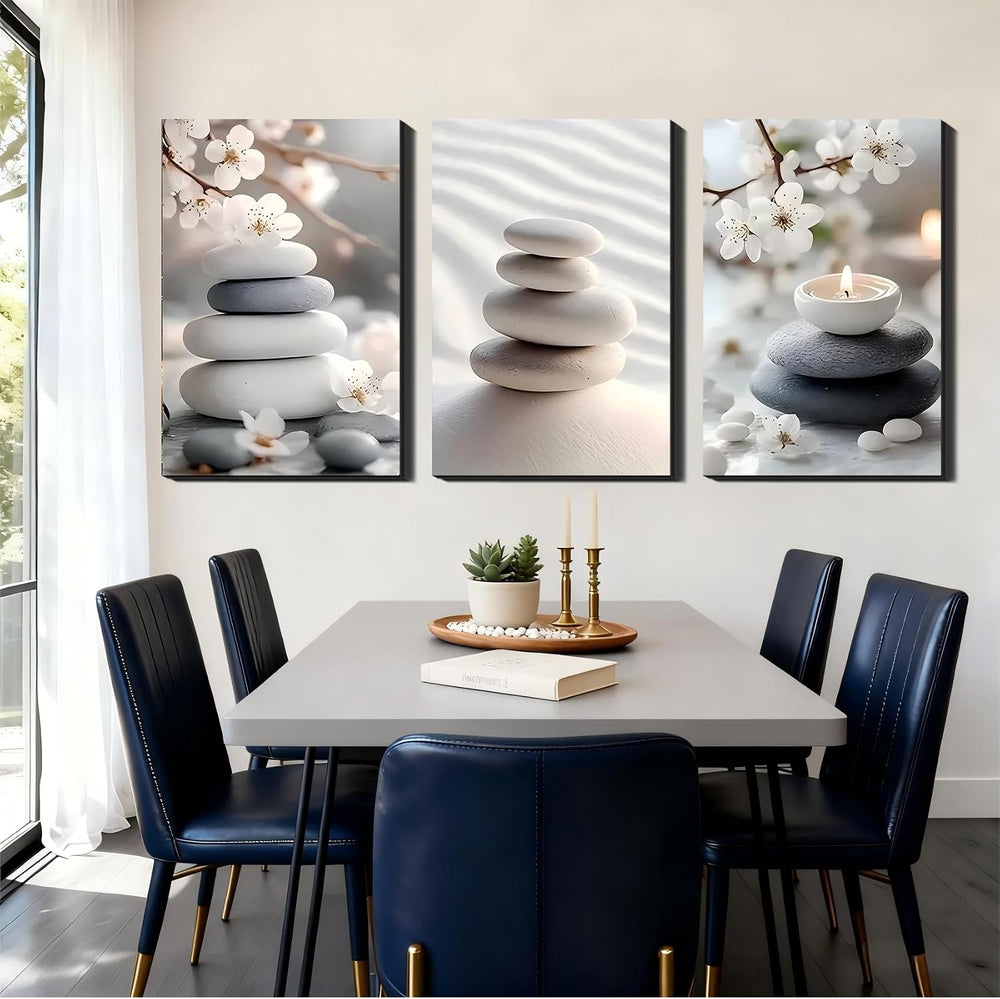 3 Panel Framed Canvas Wall Art - Calming Zen Wall Decor, Neutral-Tone Stone &...
