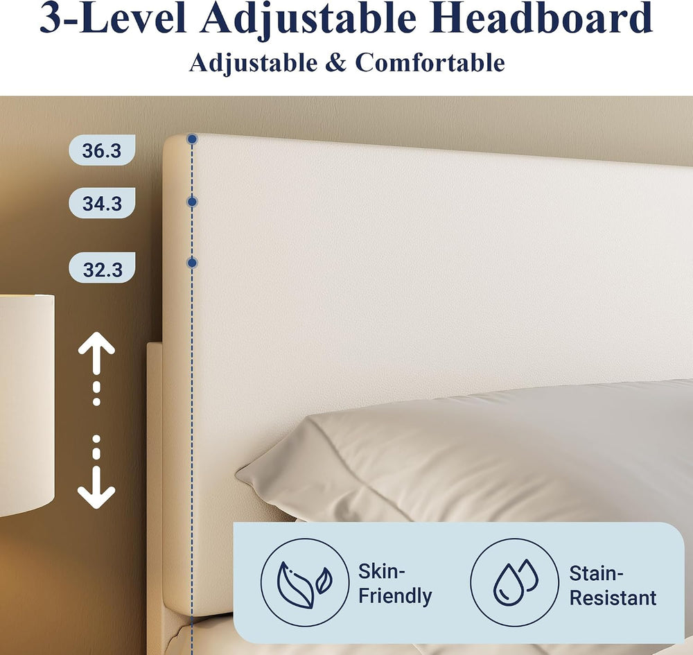 Allewie Full Size Upholstered Bed Frame Adjustable Headboard, White