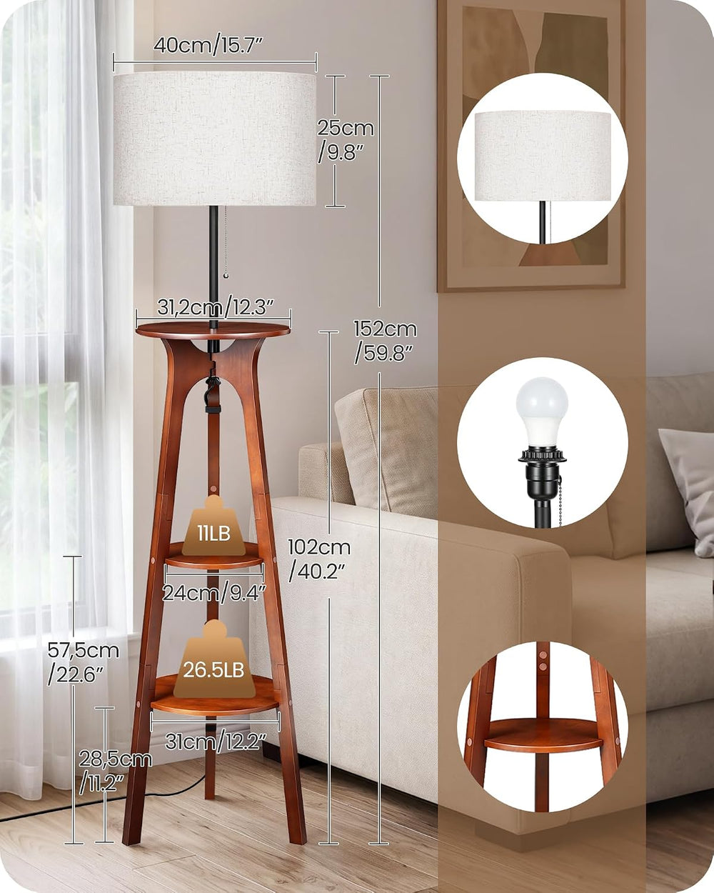 Floor Lamp for Living Room, Standing Lamp with 3 Shelves