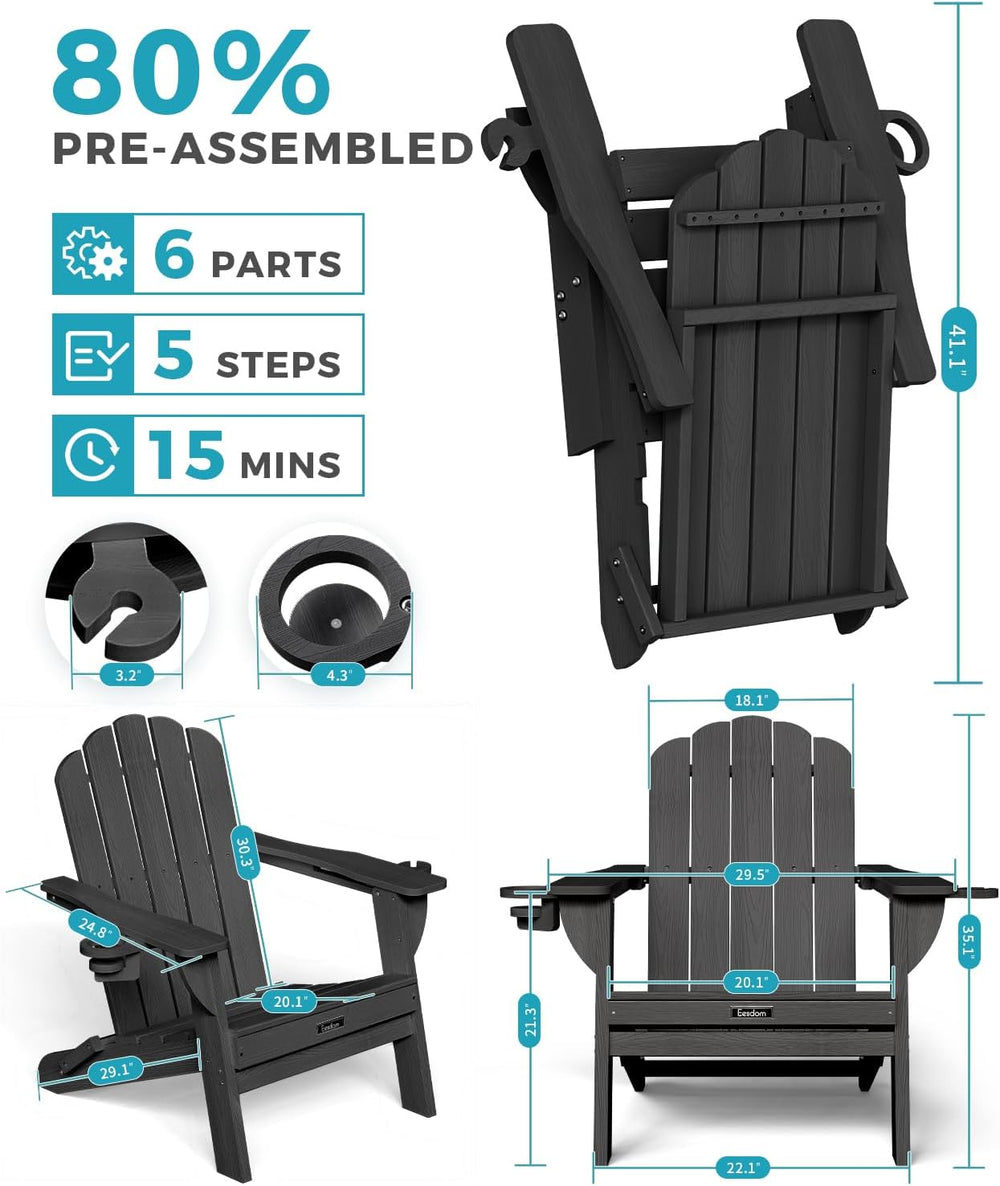 Folding Adirondack Chair 3-Piece(2 Chairs+ 1 Table) Set with Wood Grain, HDPE...