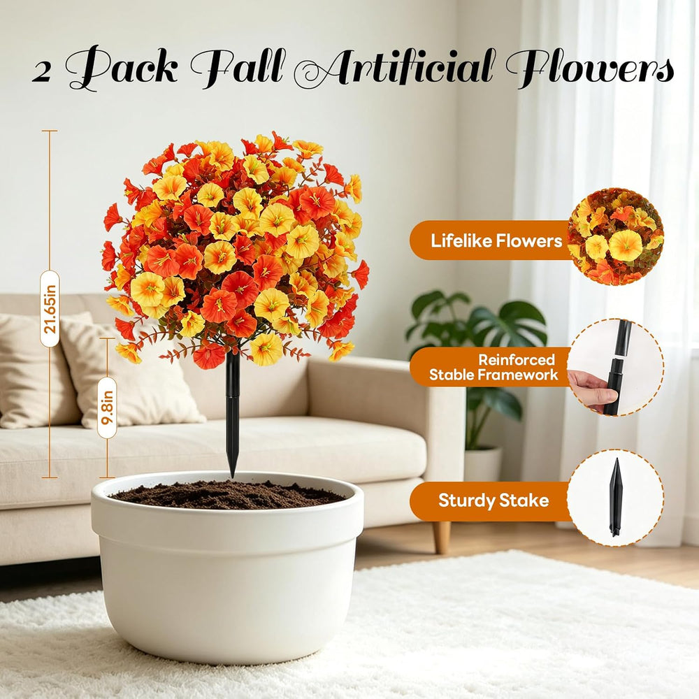 Fall Artificial Flowers for Outdoor, Faux Plants w/Stakes, 2 Packs