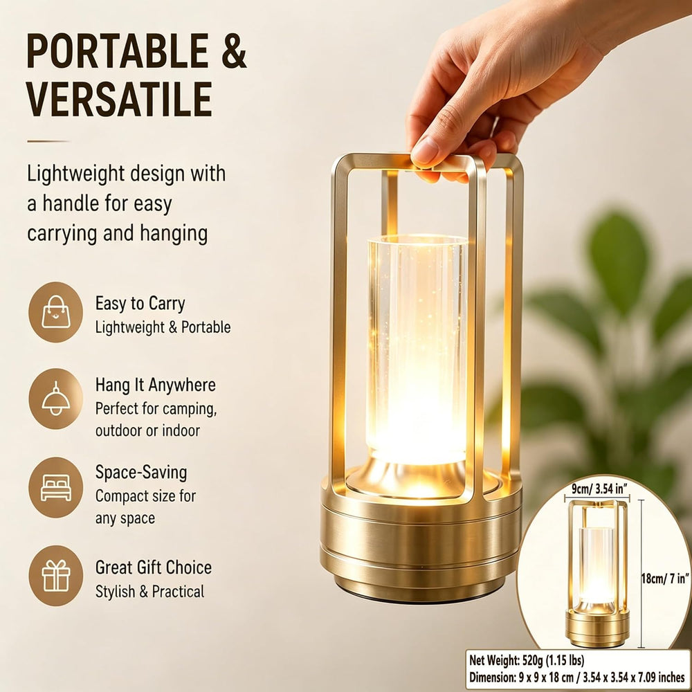 Rechargeable Crystal Table Lamp, 3-Color Touch LED, Gold