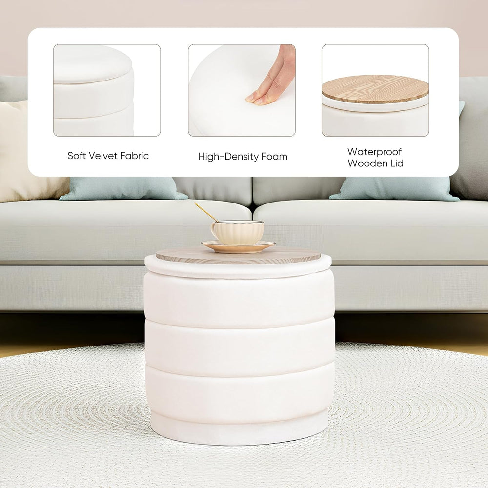 Round Storage Ottoman, 15.4" Velvet Footstool, White
