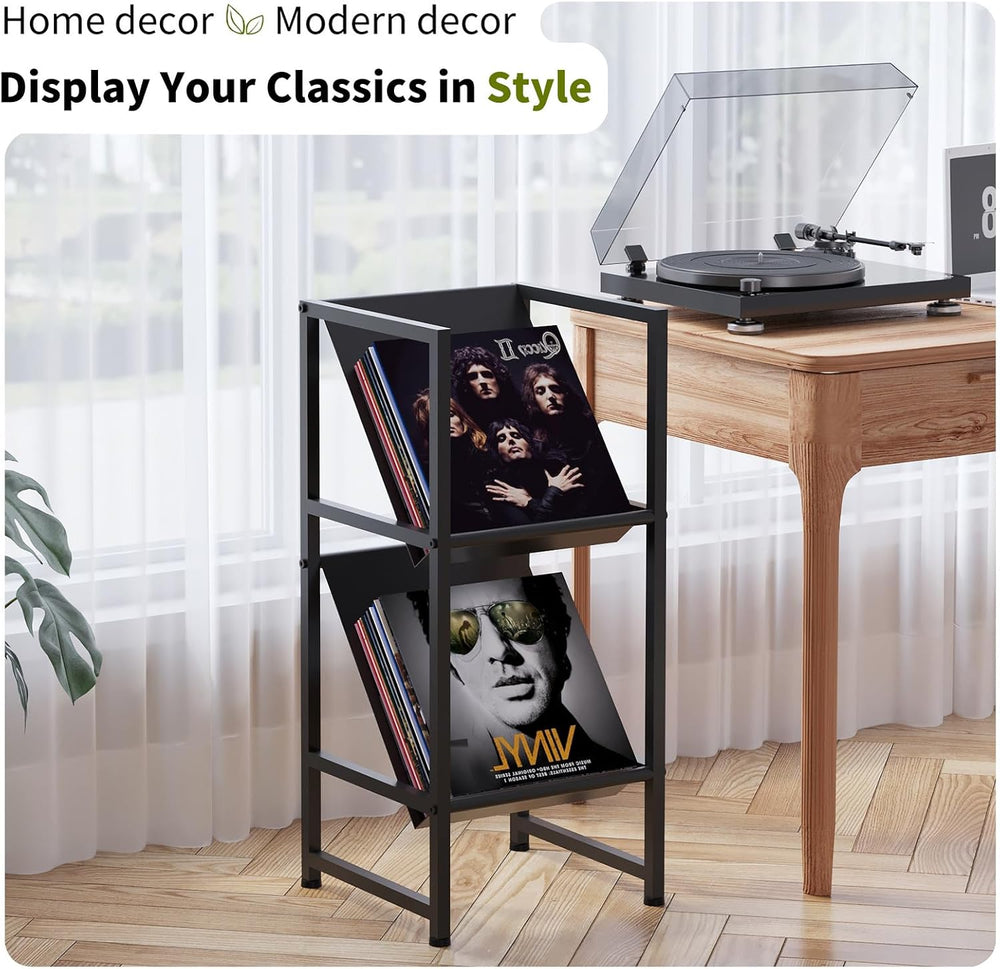 2-Tier Black Metal Vinyl Record Storage Holder for Collection