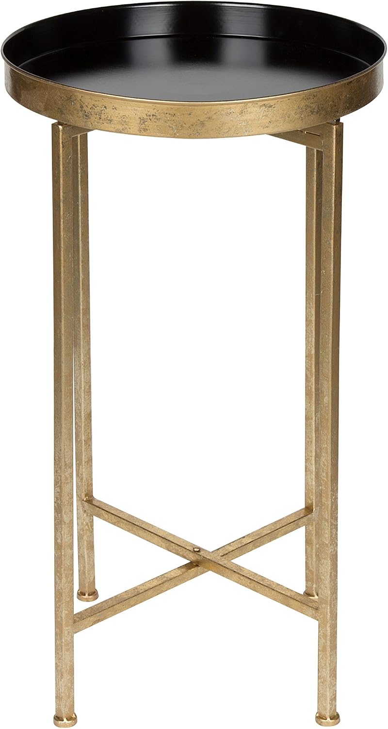 Kate and Laurel Celia Round Metal Foldable Tray Accent Table, Black with Gold...