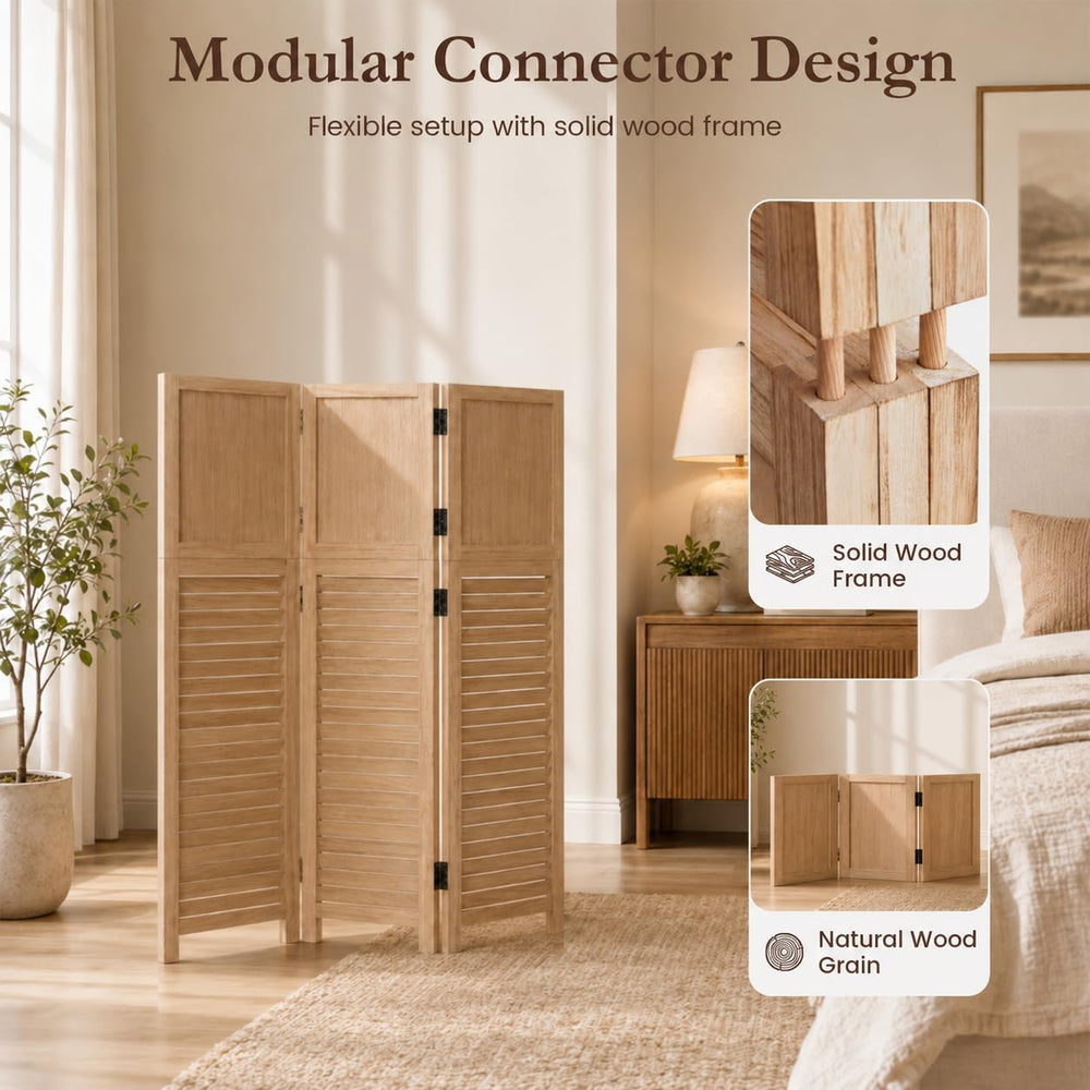 1 Pack 3 Panel Wood Short Room Divider Folding Screen Light Brown