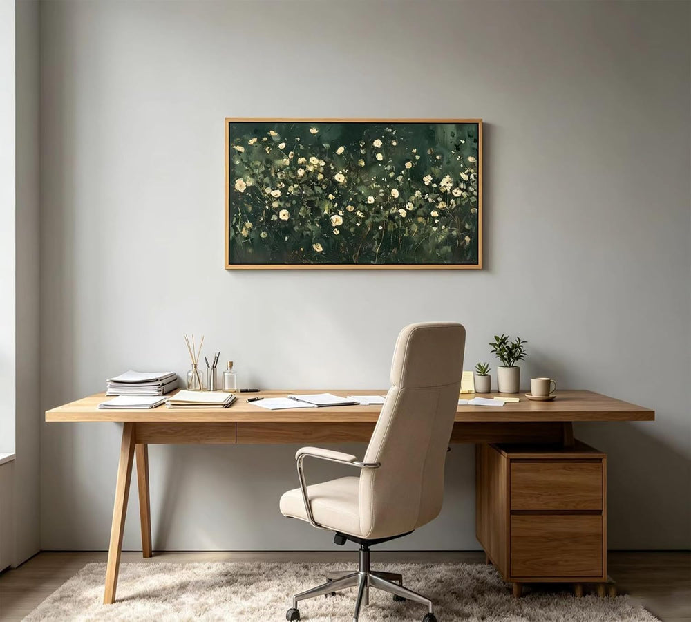 KIRFOLUC Large Abstract Floral Wall Art Dark Green White Botanical Wildflower...