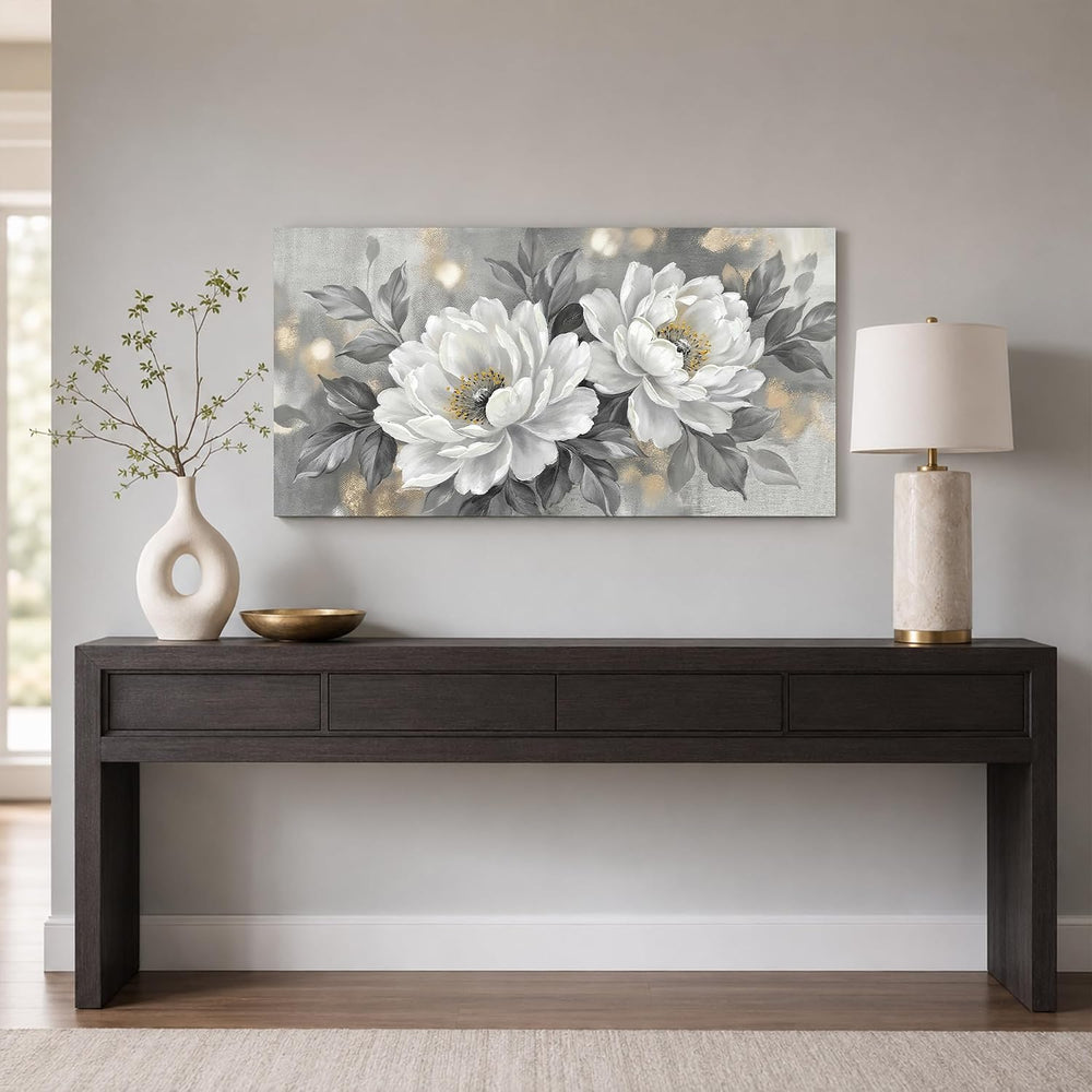Anolyfi White Peony Neutral Floral Canvas Wall Art for Bedroom 40"x20"