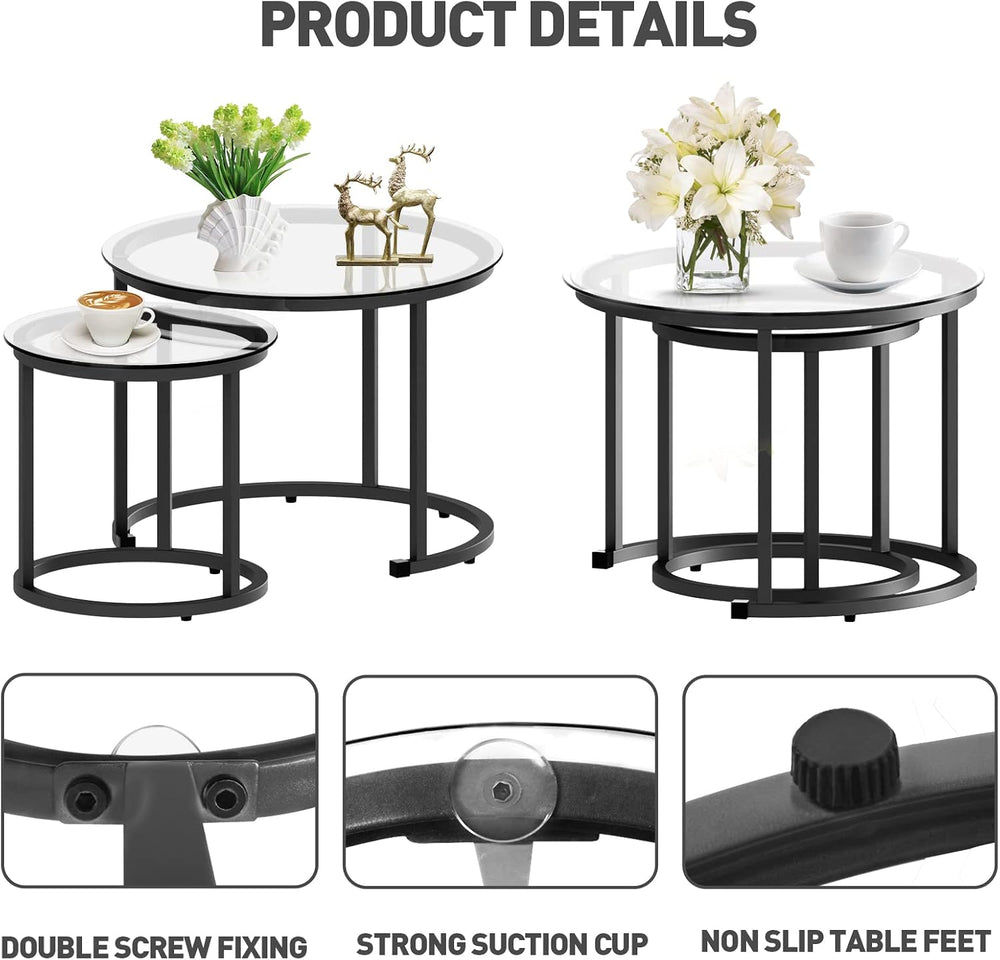 aboxoo Black Nesting Coffee Glass Table Set of 2, Metal Freme Side End Tables...