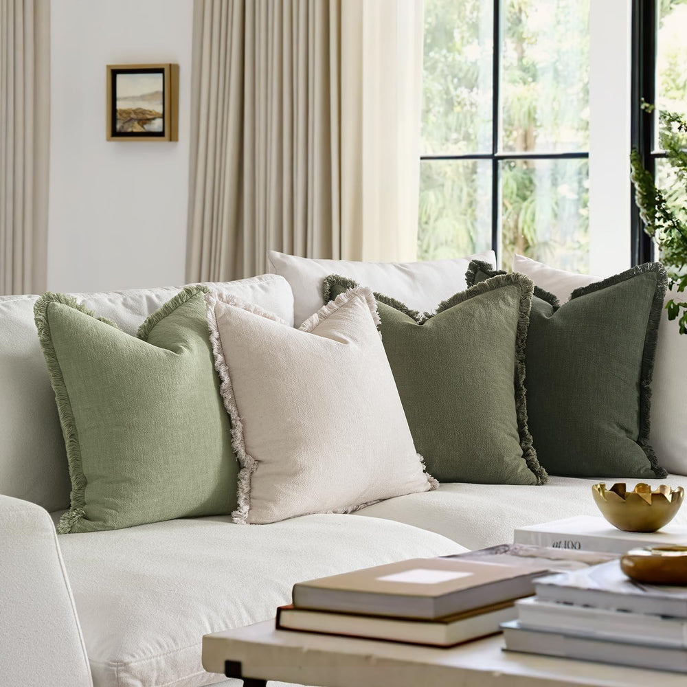 MIULEE Fall Linen Fringe Pillow Covers Set of 4 18x18 Beige/Sage Green