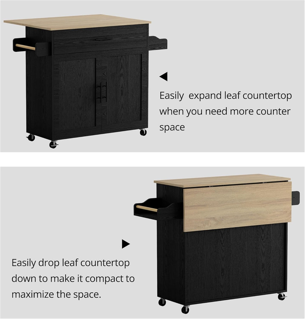 IRONCK Kitchen Island Table on Wheels with Drop Leaf, 47.25" Wide Black