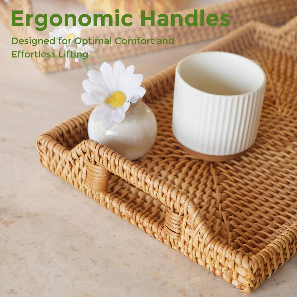 Rattan Serving Tray, Rectangle Woven Wicker Tray for Breakfast